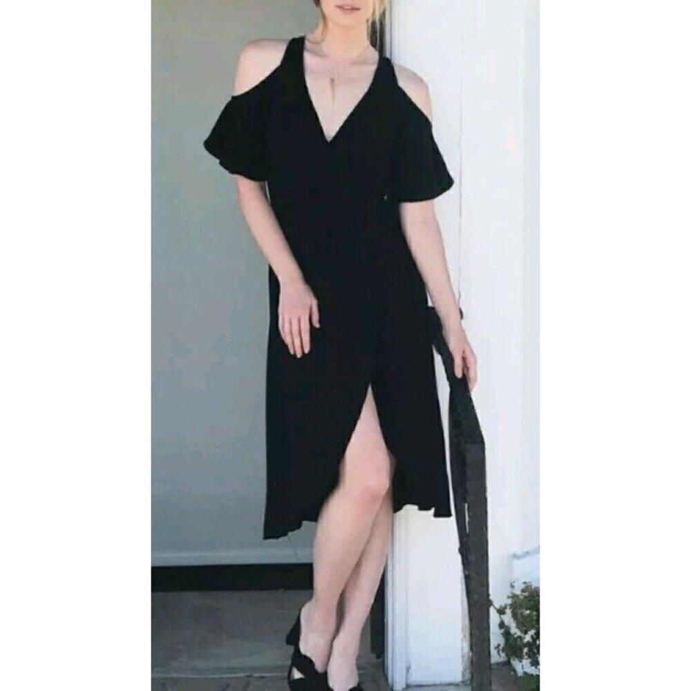 New Flynn Skye Devon Dress Womens XS Solid Black Wrap Cold Shoulder - Picture 1 of 9